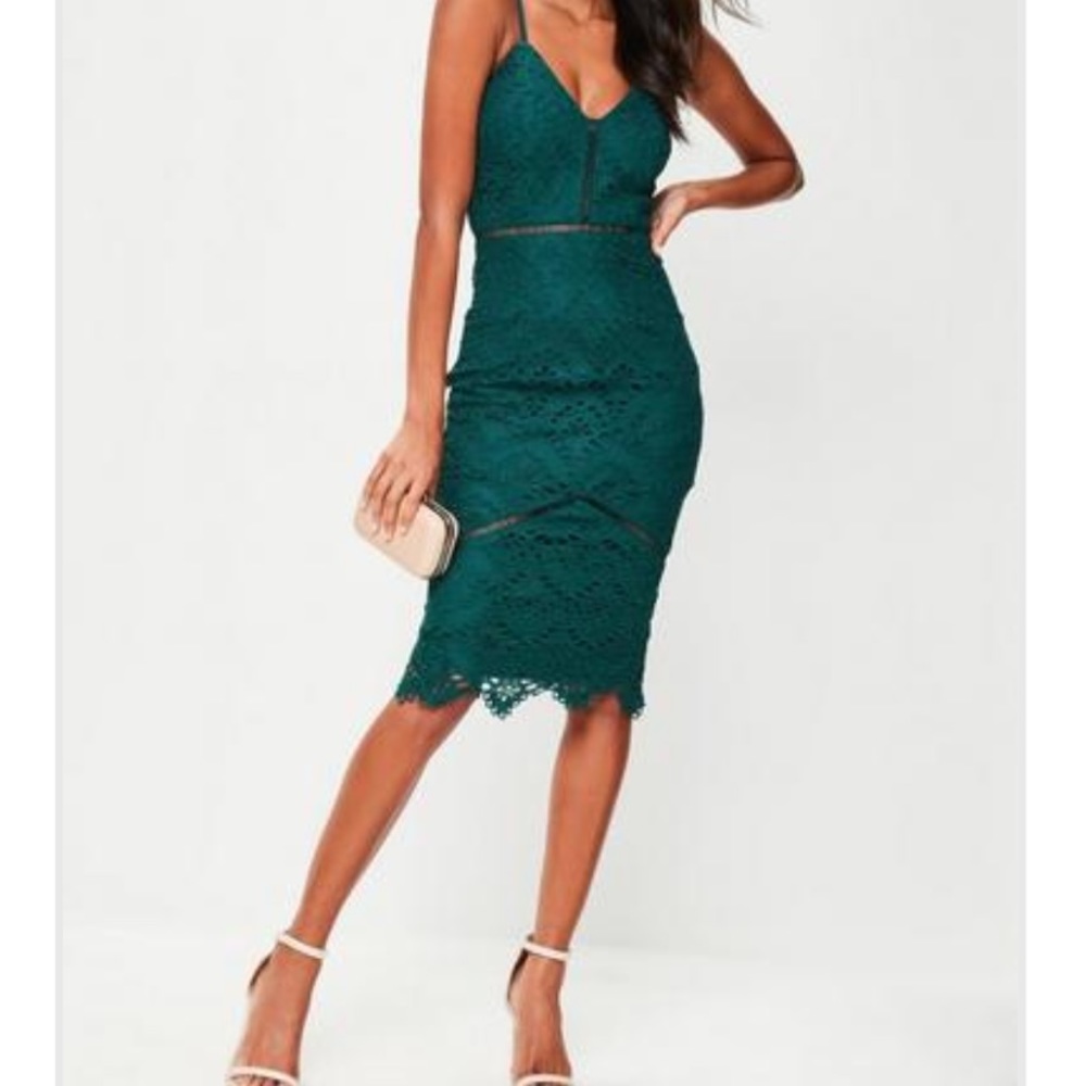 Misguided Forest Green lace ladder detail midi